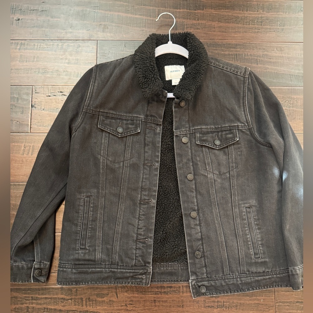 Old Navy Black Denim Sherpa Lined Barn Jacket‎ Faux Fur Rugged Coat Mens L